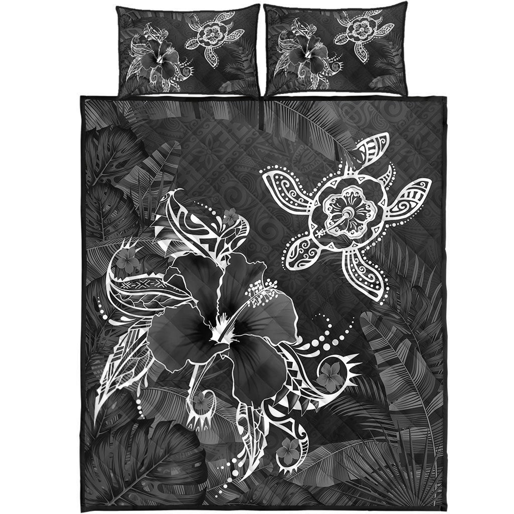 Hawaii Turtle Flowers And Palms Retro Quilt Bed Set - Gray - AH Gray - Polynesian Pride