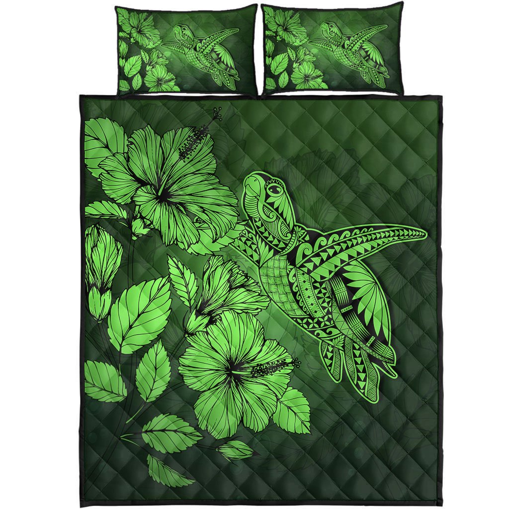 Hawaii Turtle Reach To The Sky Hibiscus Quilt Bed Set - Green - AH Green - Polynesian Pride