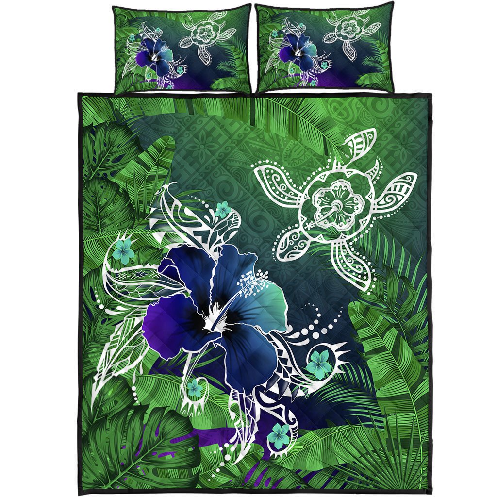 Hawaii Turtle Flowers And Palms Retro Quilt Bed Set - Green - AH Green - Polynesian Pride