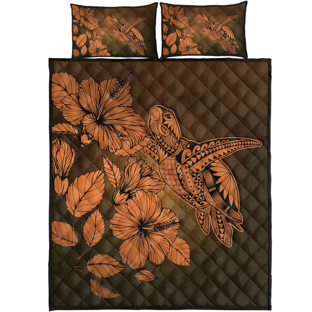 Hawaii Turtle Reach To The Sky Hibiscus Quilt Bed Set - Orange - AH Orange - Polynesian Pride