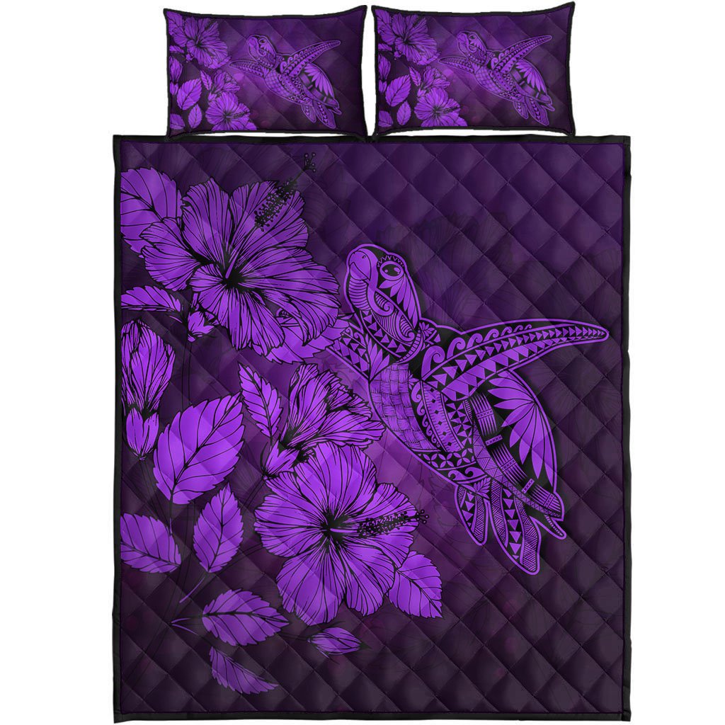 Hawaii Turtle Reach To The Sky Hibiscus Quilt Bed Set - Purple - AH Art - Polynesian Pride