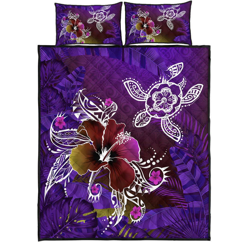 Hawaii Turtle Flowers And Palms Retro Quilt Bed Set - Purple - AH Art - Polynesian Pride