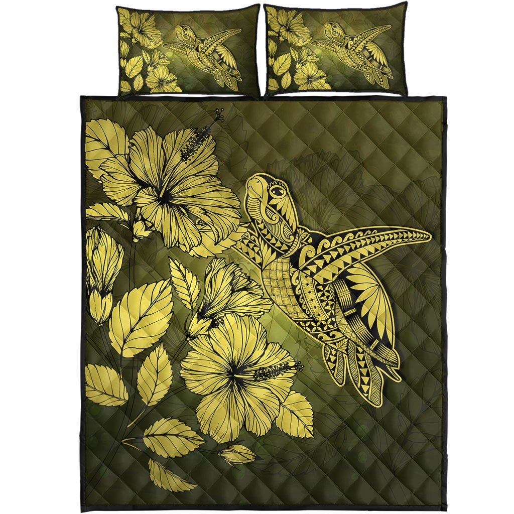 Hawaii Turtle Reach To The Sky Hibiscus Quilt Bed Set - Yellow - AH Yellow - Polynesian Pride