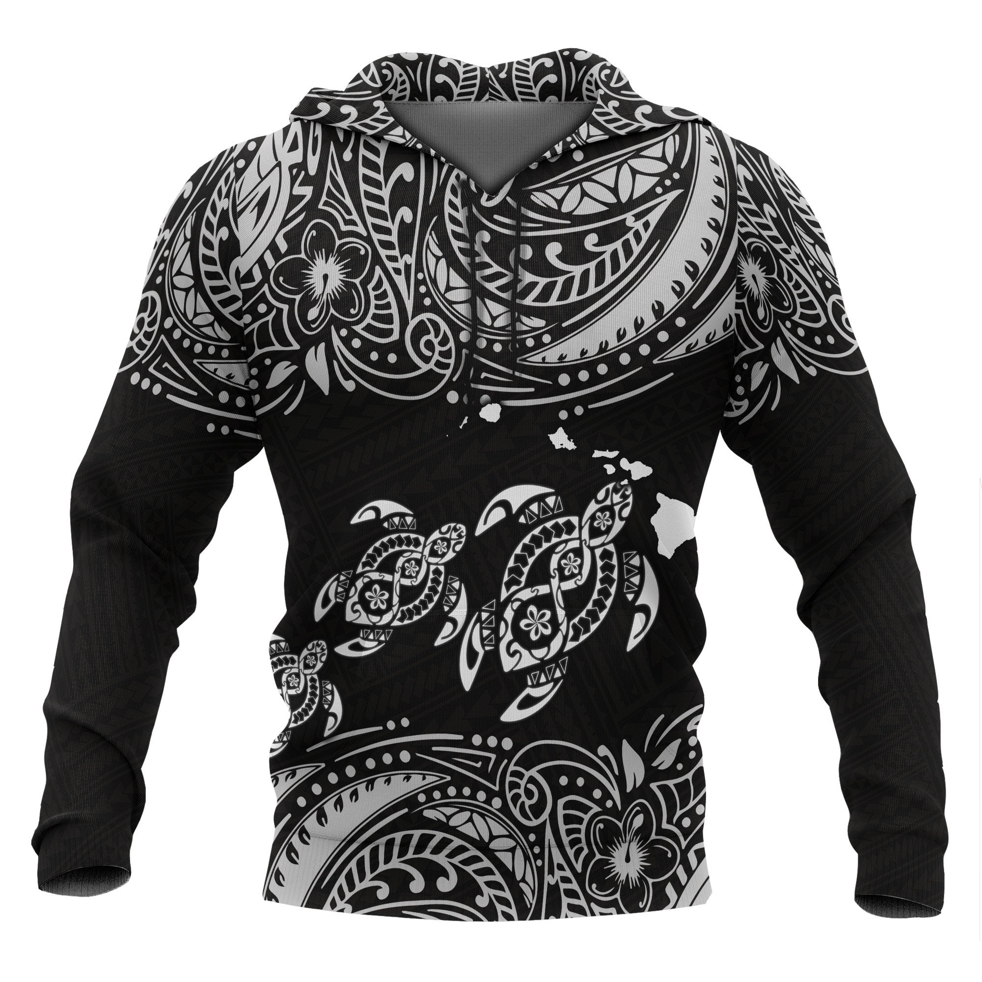 Hawaii Polynesian All Over Hoodie White Sea Turtle Unisex Black - White - Polynesian Pride