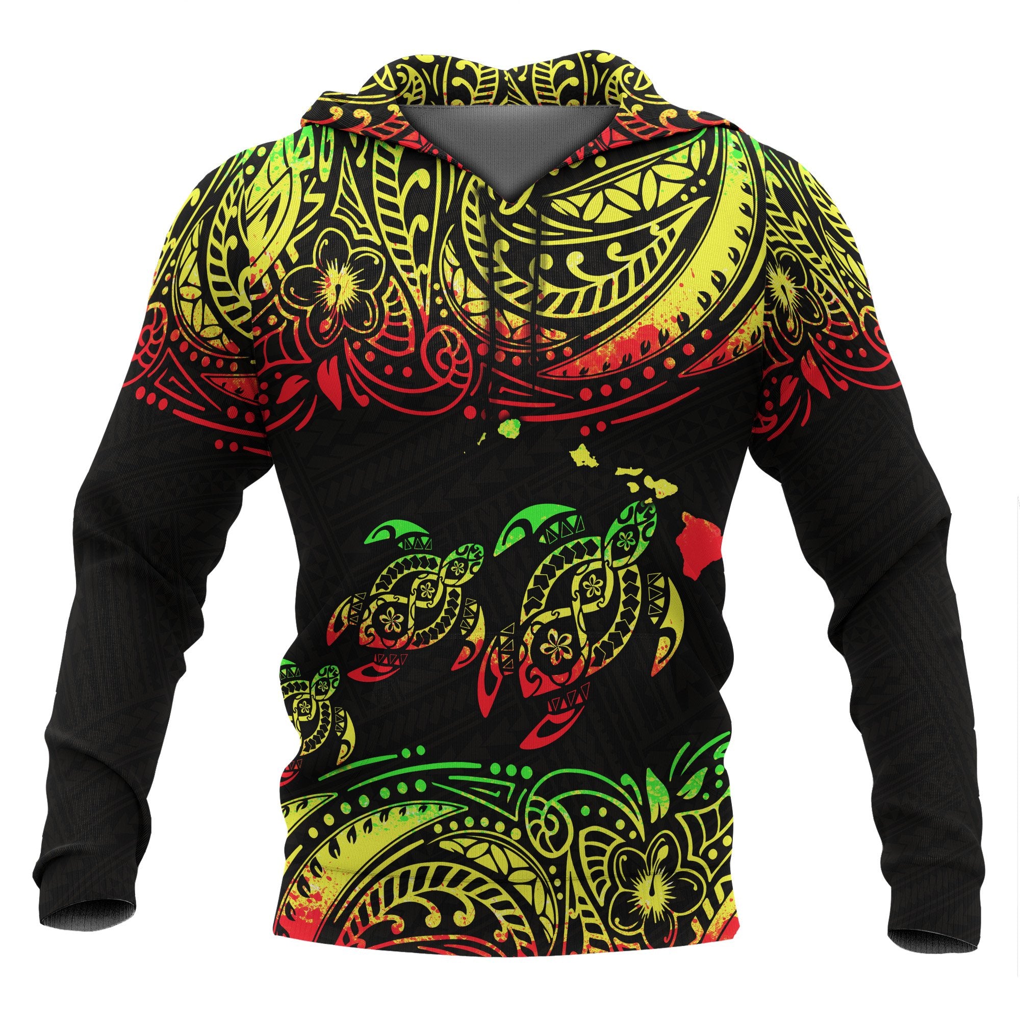 Hawaii Polynesian All Over Hoodie Reggae Sea Turtle Unisex Black - Reggae - Polynesian Pride