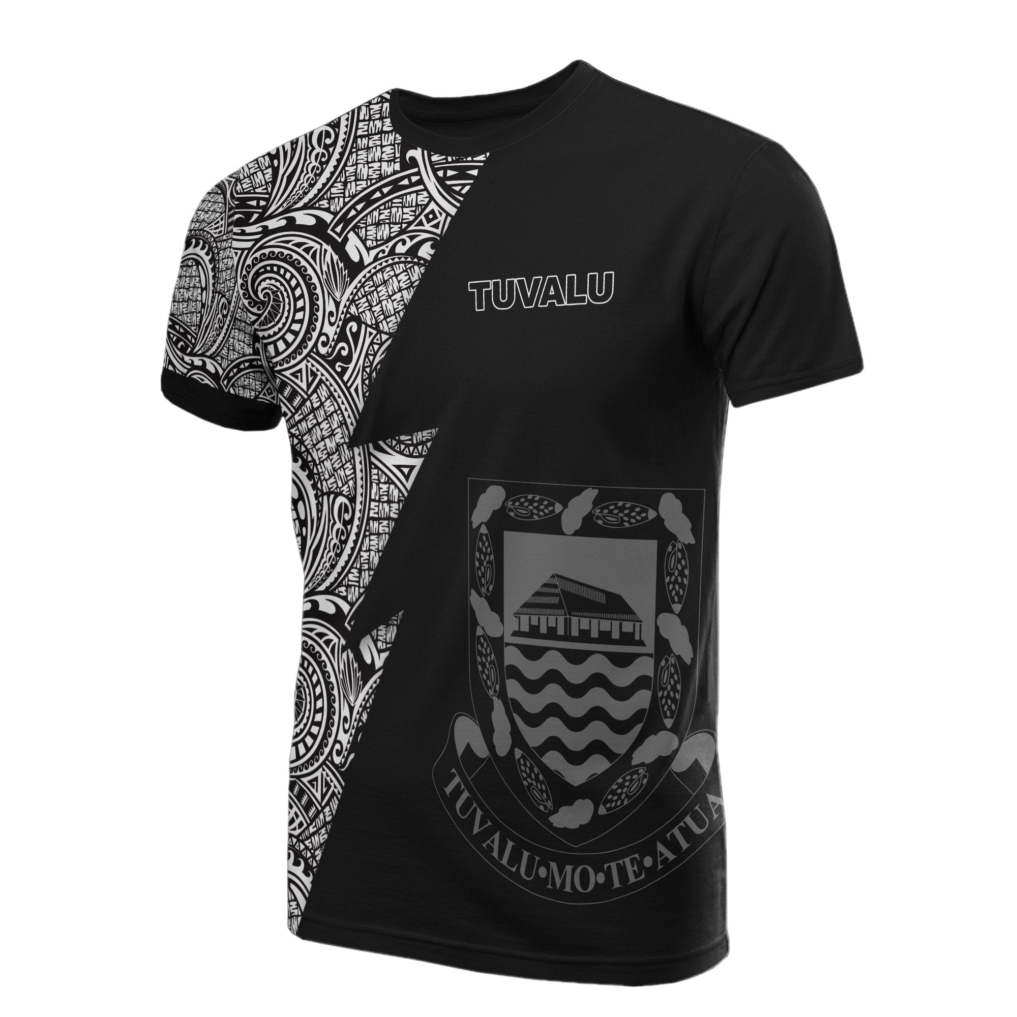 Tuvalu All Over T Shirt Tuvaluan Coat of Arms Polynesian Pattern Flash Unisex Black - Polynesian Pride