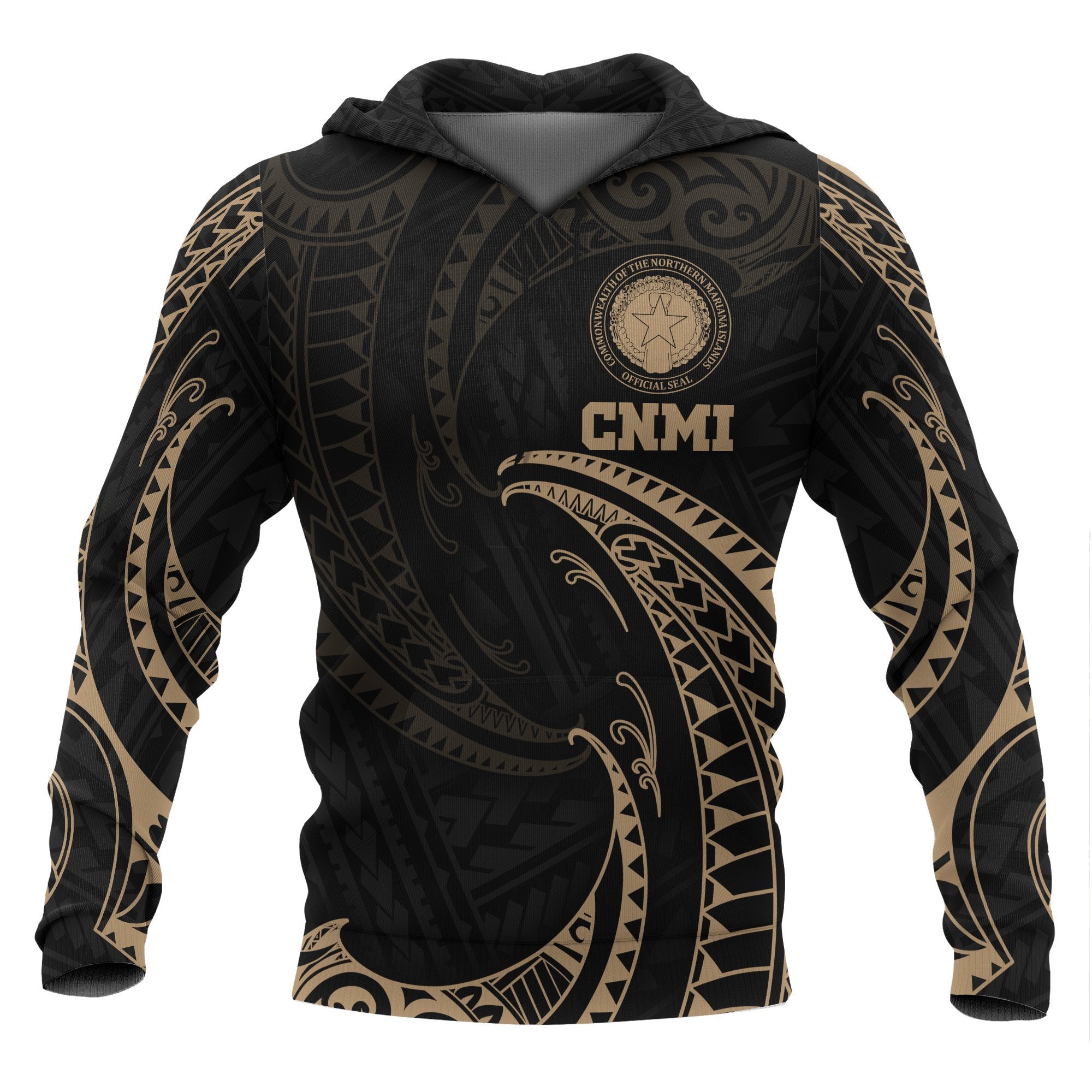 Northern Mariana Islands Polynesian Hoodie Gold Tribal Wave Unisex Black - Polynesian Pride