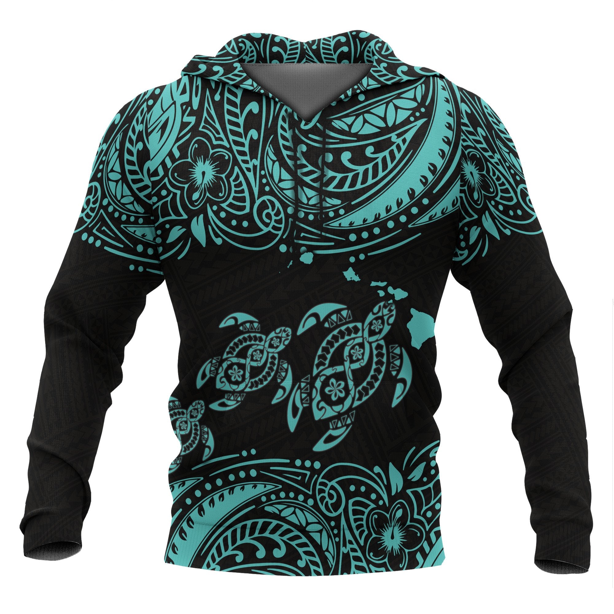 Hawaii Polynesian Hoodie Blue Sea Turtle Unisex Black - Blue - Polynesian Pride