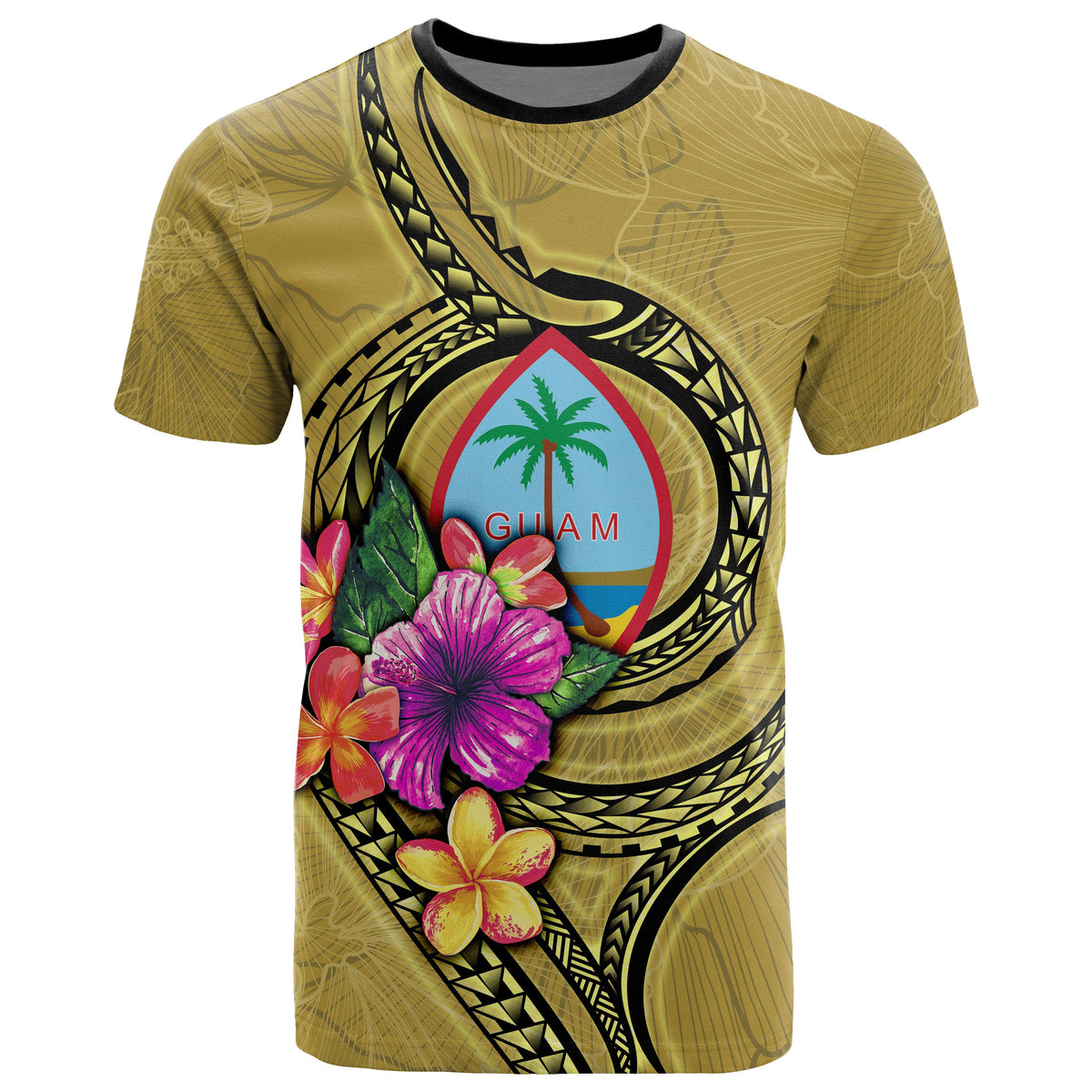 Guam Polynesian T Shirt Floral With Seal Gold Unisex Black - Polynesian Pride