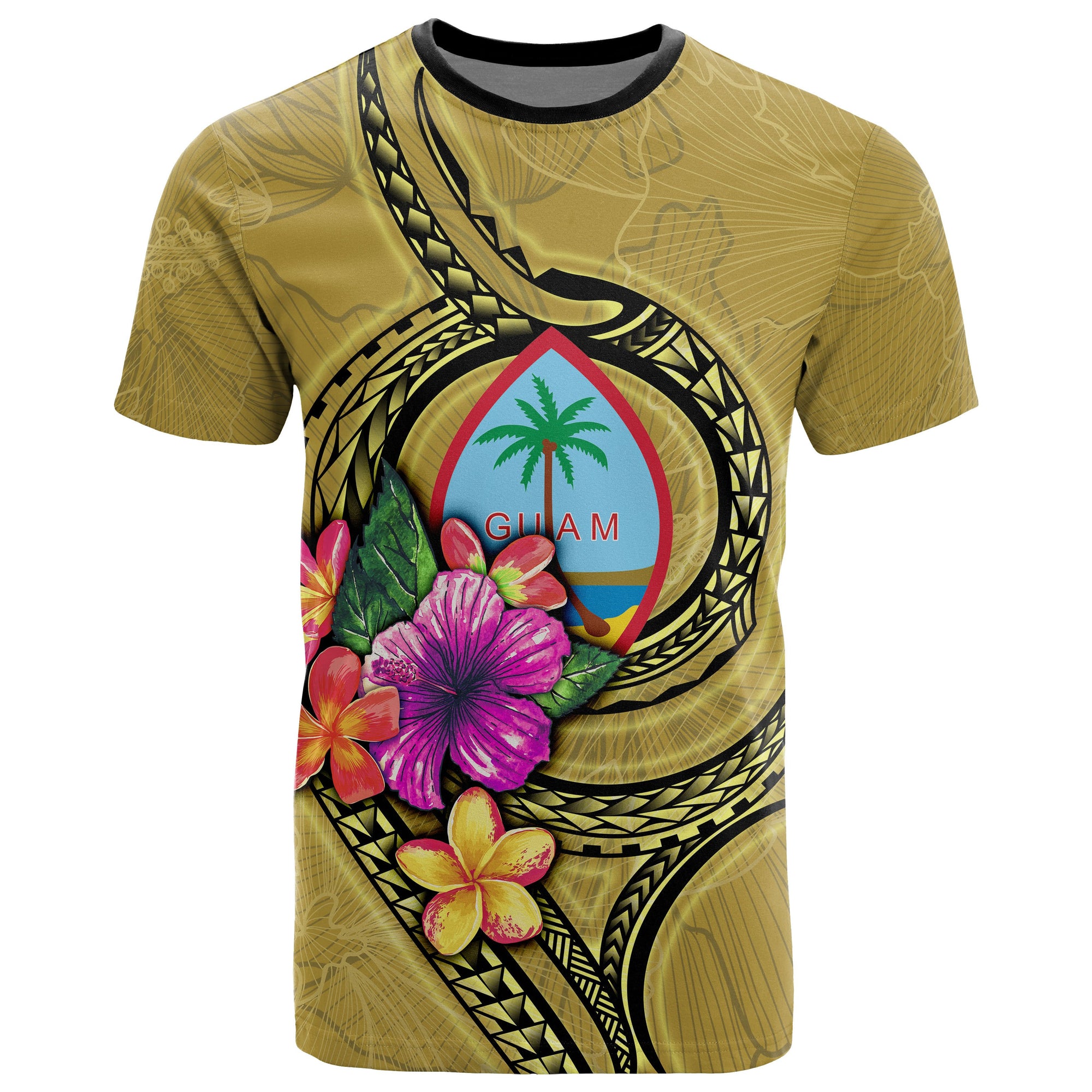 Guam Polynesian T Shirt Floral With Seal Gold Unisex Black - Polynesian Pride