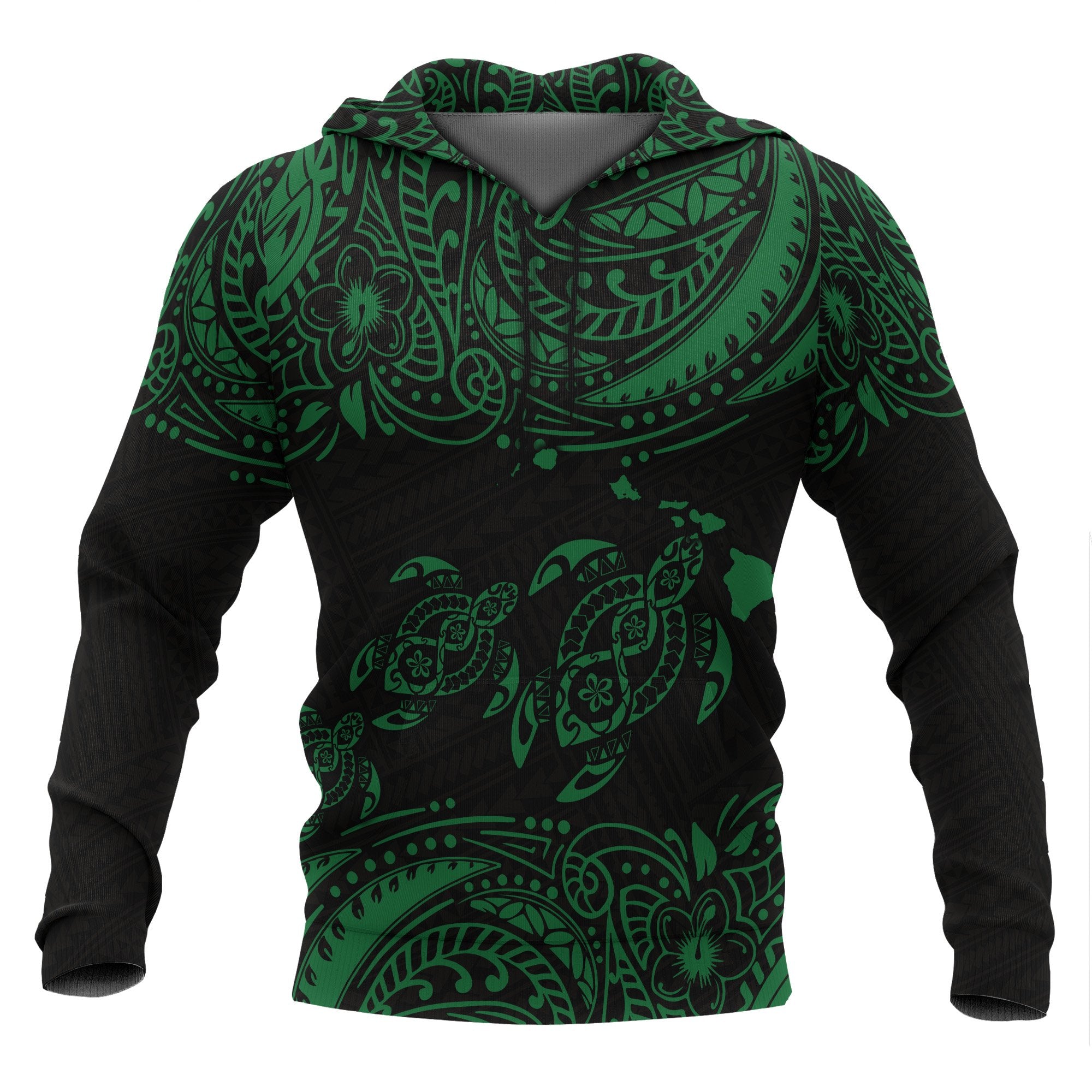 Hawaii Polynesian All Over Hoodie Green Sea Turtle Unisex Black - Green - Polynesian Pride