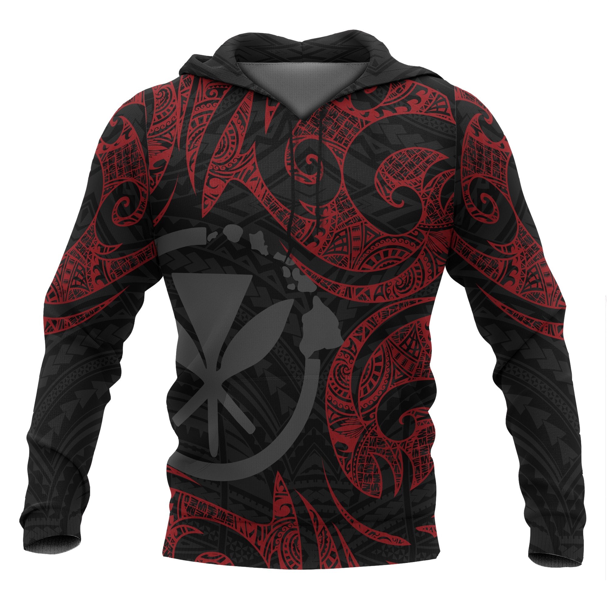 Polynesian Hawaii ll Over Hoodie Red Tribal Unisex Red - Black - Polynesian Pride