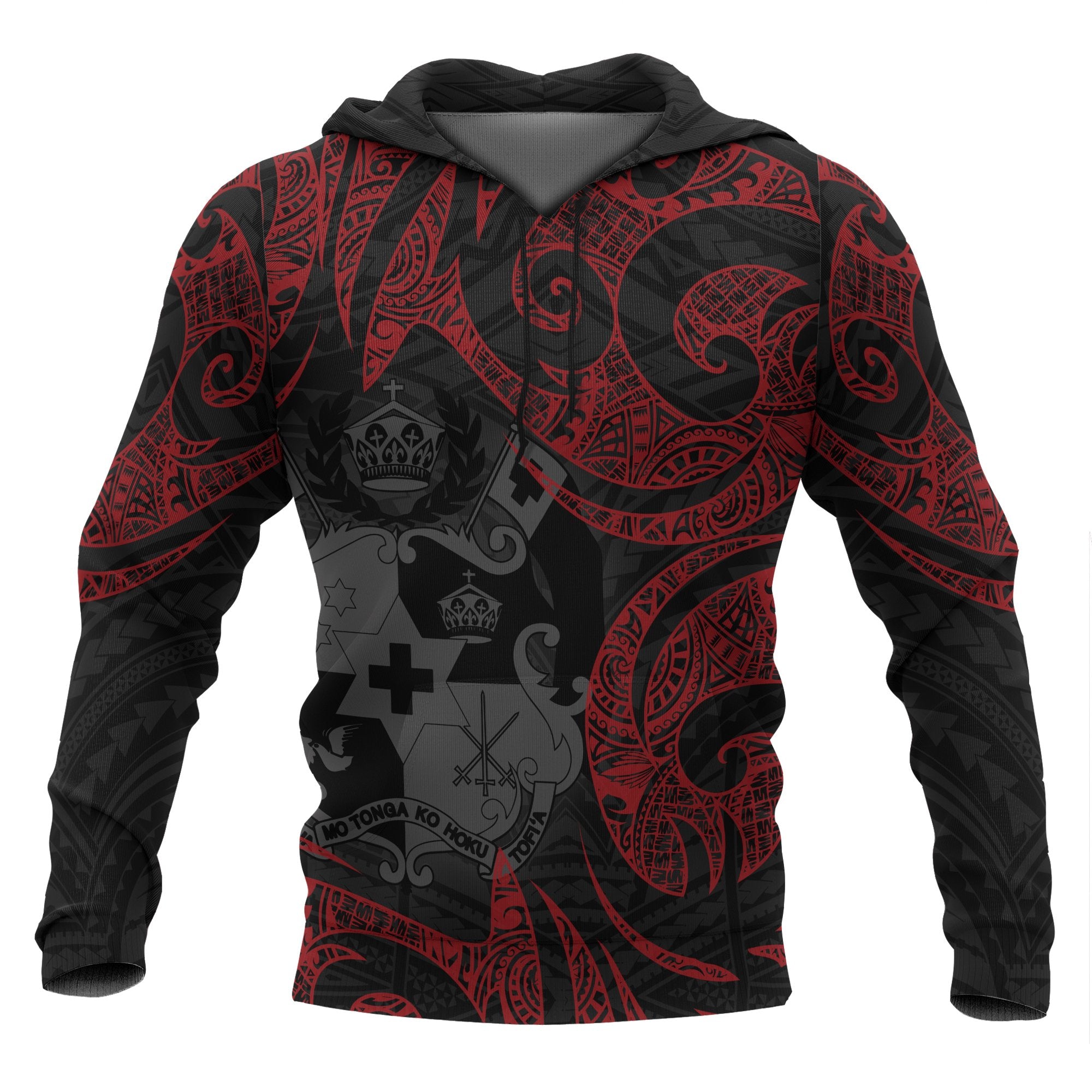 Tonga Polynesian ll Over Hoodie Red Tribal Unisex Red - Black - Polynesian Pride