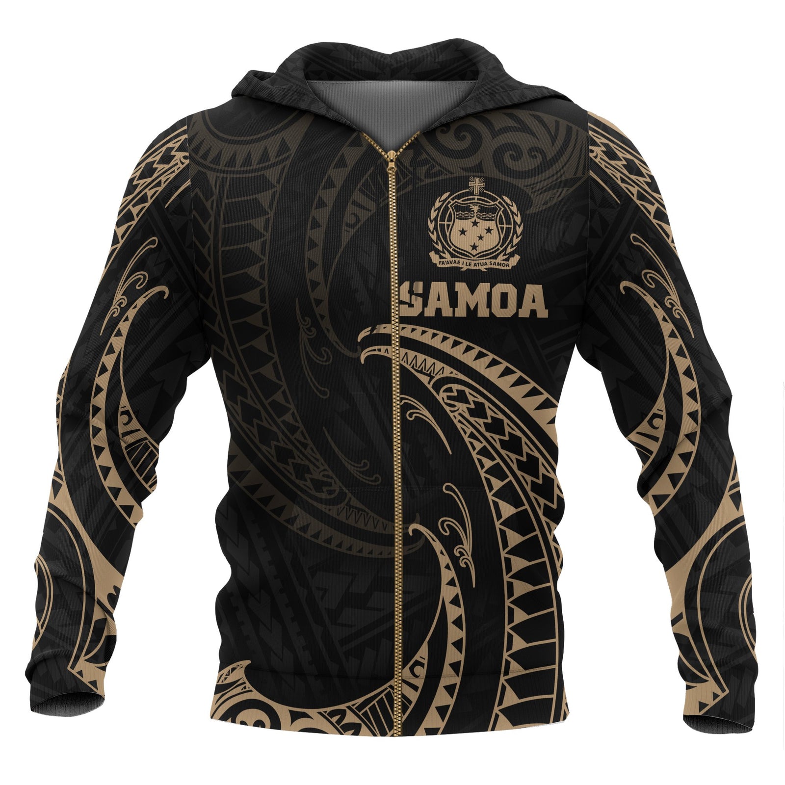 Samoa Polynesian All Over Zip up Hoodie Gold Tribal Wave Unisex Black - Polynesian Pride