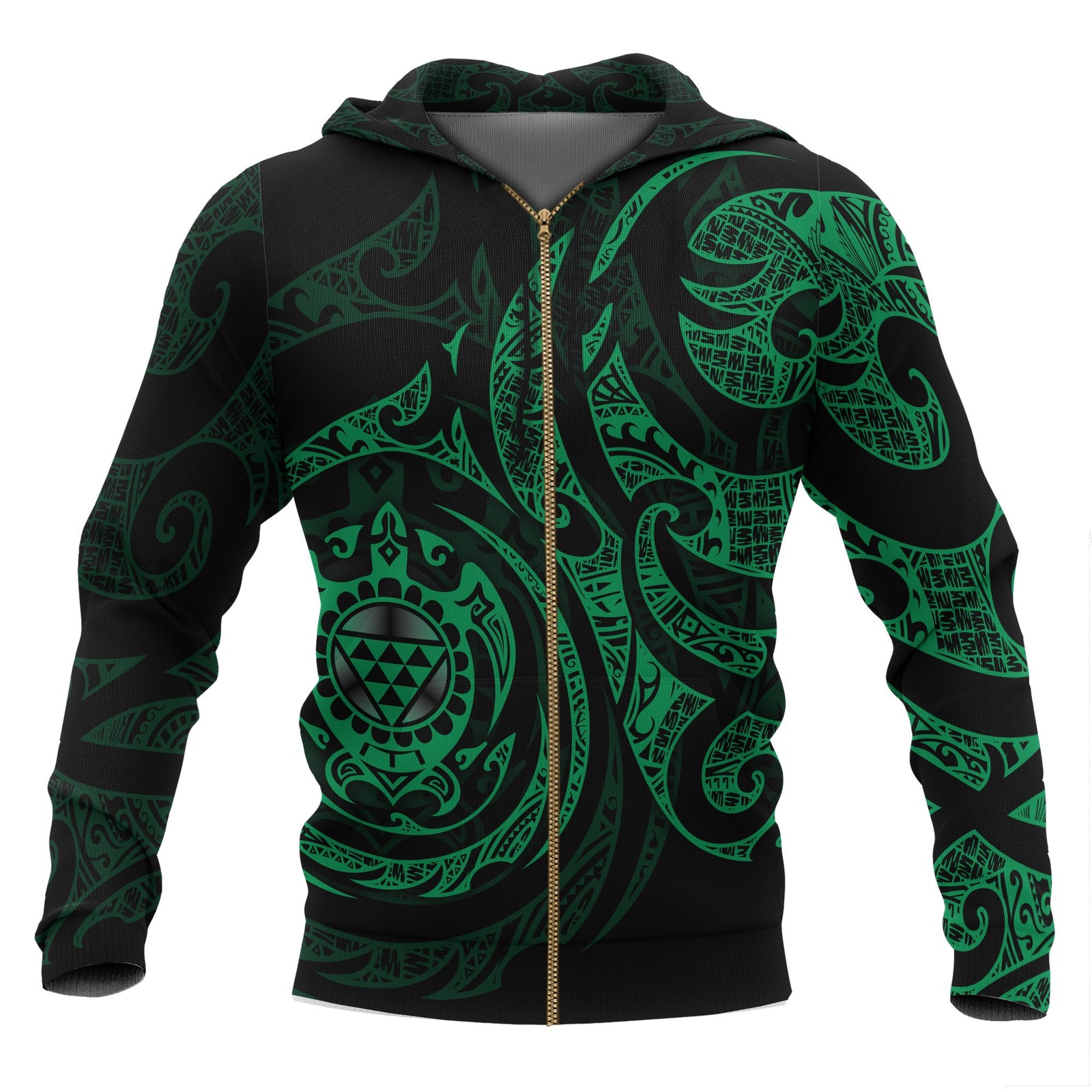 Polynesian Hawaii All Over Zip up Hoodie Green Turtle Tribal Unisex Black - Green - Polynesian Pride