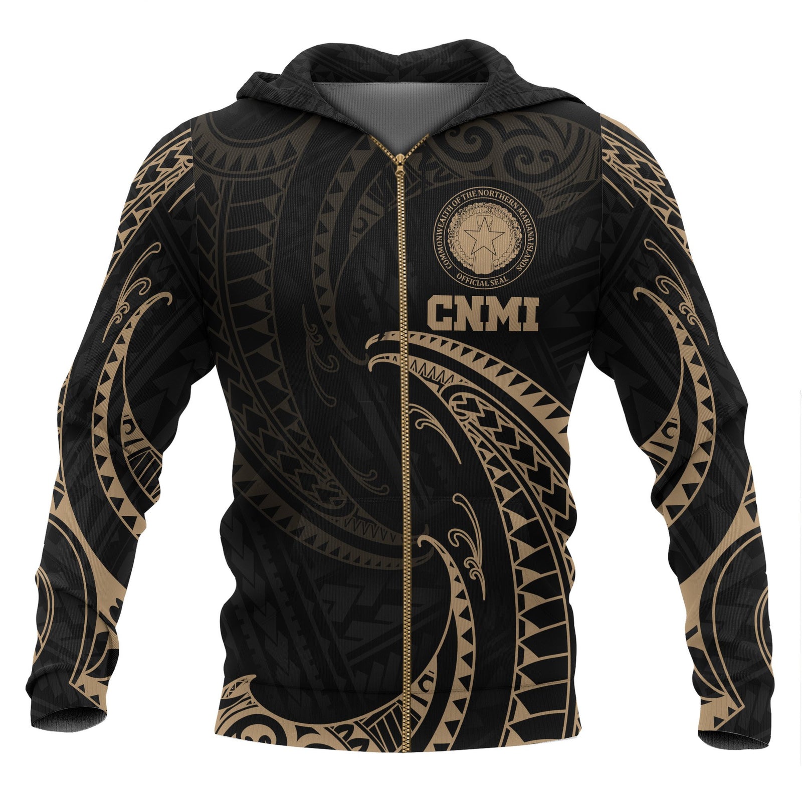 Northern Mariana Islands Polynesian Zip up Hoodie Gold Tribal Wave Unisex Black - Polynesian Pride