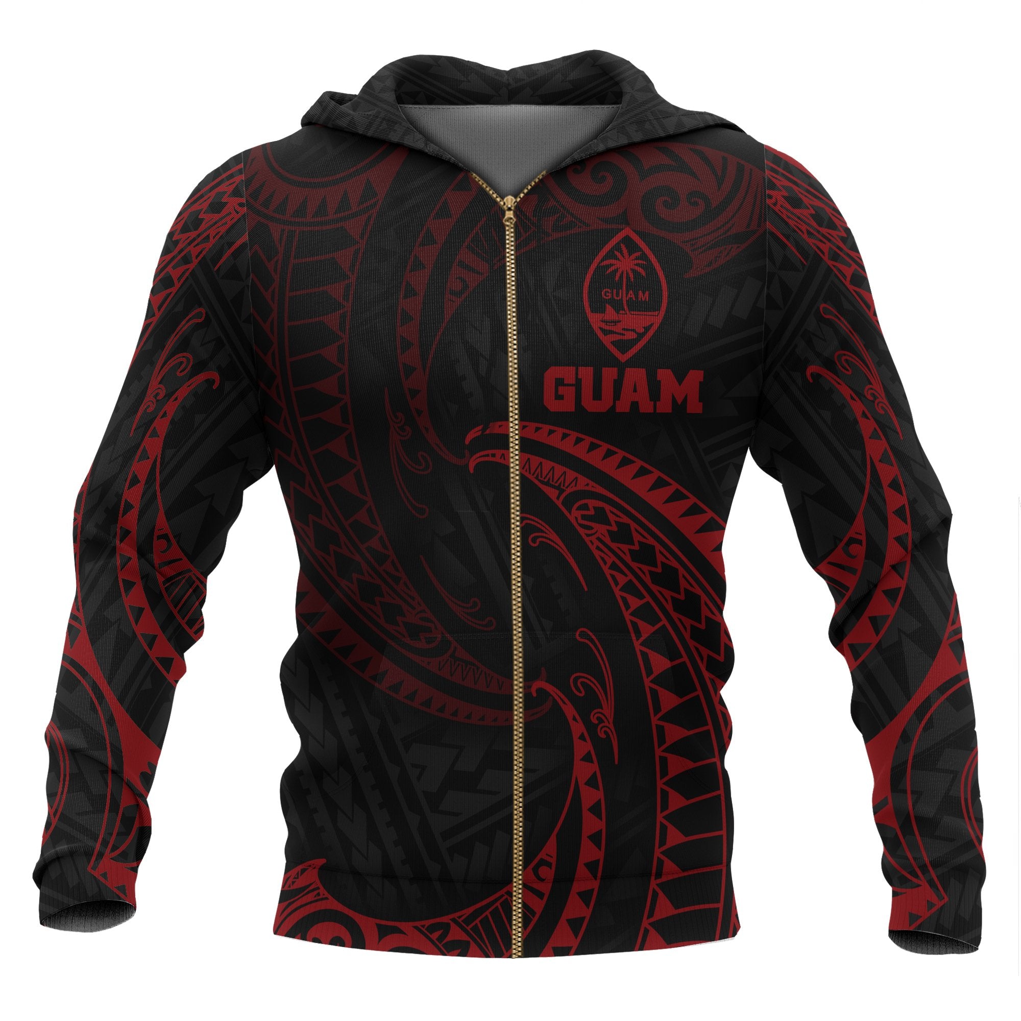 Guam Polynesian Zip up Hoodie Red Tribal Wave Unisex Black - Polynesian Pride