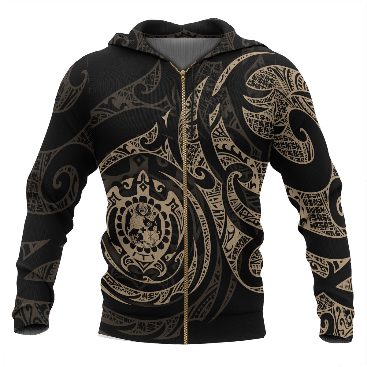 Tonga Polynesian All Over Zip up Hoodie Gold Turtle Tribal Unisex Black - Gold - Polynesian Pride