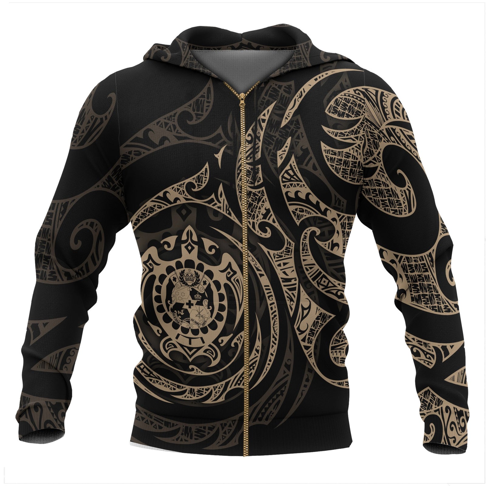 Tonga Polynesian All Over Zip up Hoodie Gold Turtle Tribal Unisex Black - Gold - Polynesian Pride