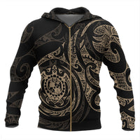 Tonga Polynesian All Over Zip up Hoodie Gold Turtle Tribal Unisex Black - Gold - Polynesian Pride