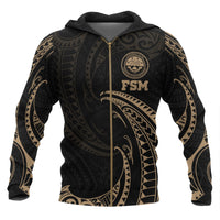 Federated States of Micronesia All Over Zip up Hoodie Gold Tribal Wave Unisex Black - Polynesian Pride