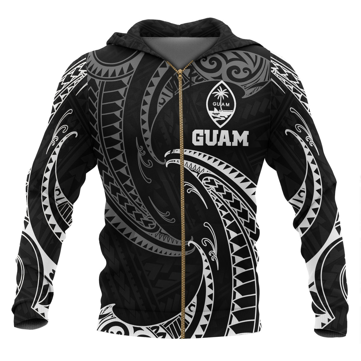 Guam Polynesian Zip up Hoodie White Tribal Wave Unisex Black - Polynesian Pride