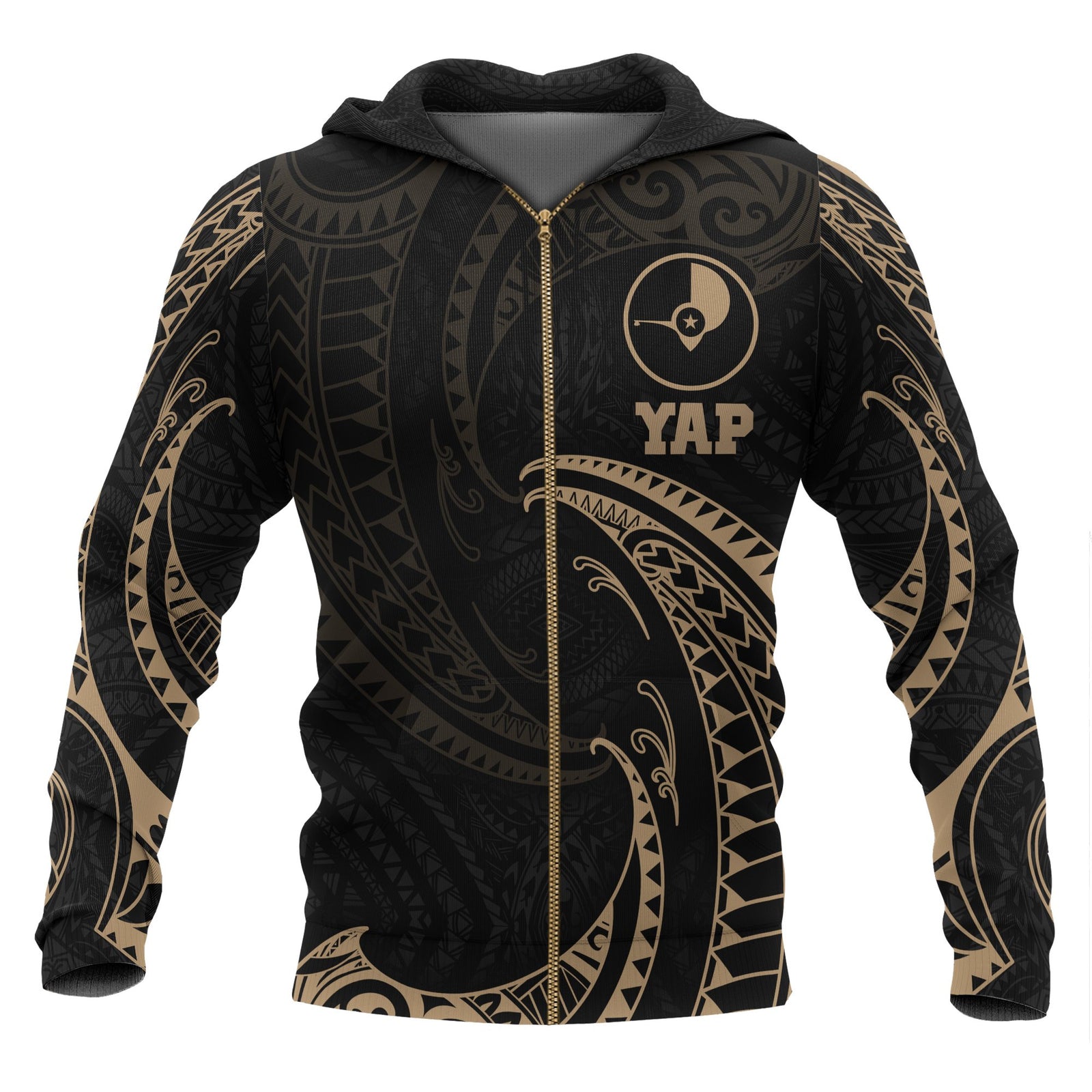 Yap Micronesia All Over Zip up Hoodie Gold Tribal Wave Unisex Black - Polynesian Pride