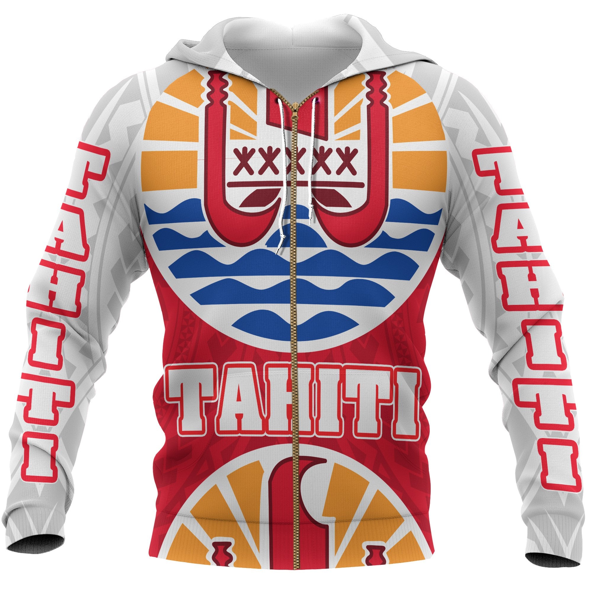 Tahiti All Over Zip Hoodie Coat of Arm Unisex Red - Polynesian Pride