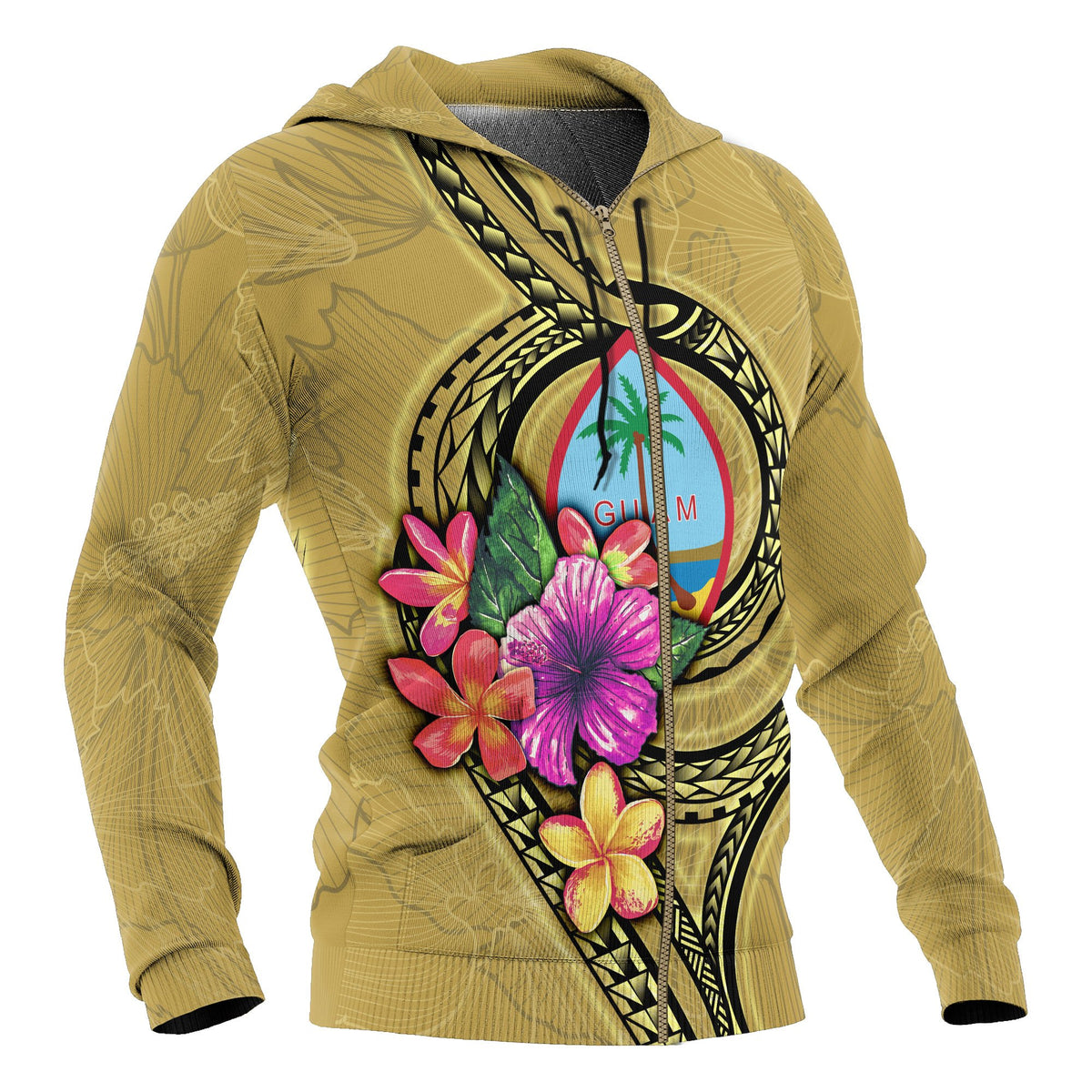 Guam Polynesian All Over Zip up Hoodie Floral With Seal Gold - Polynesian Pride