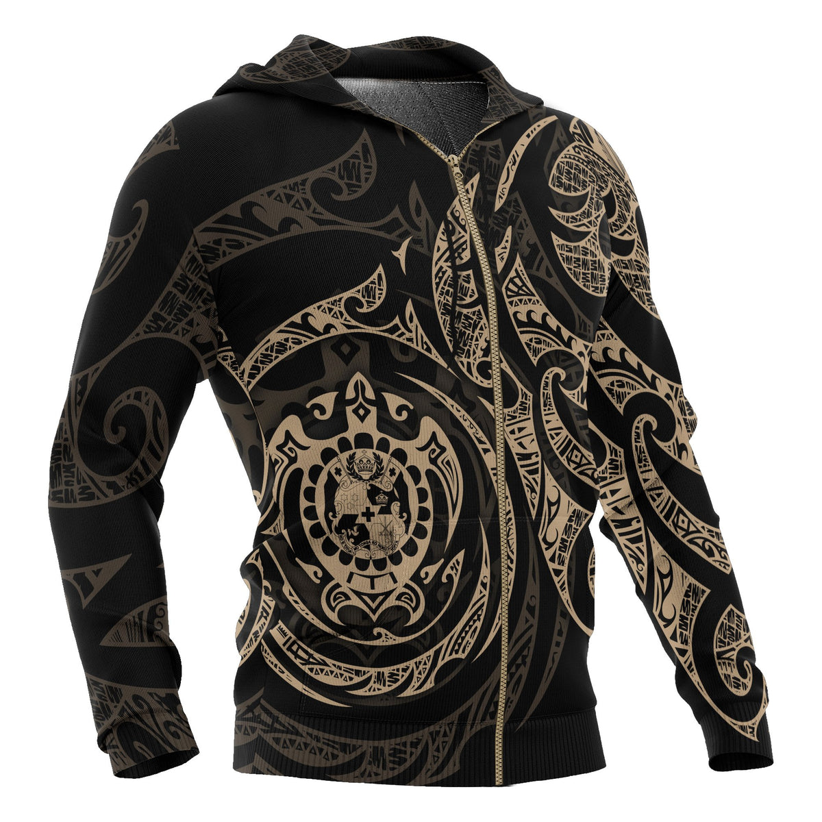 Tonga Polynesian All Over Zip up Hoodie Gold Turtle Tribal - Polynesian Pride