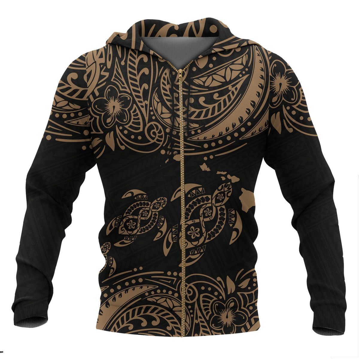 Hawaii Polynesian All Over Zip up Hoodie Gold Sea Turtle Unisex Black - Gold - Polynesian Pride