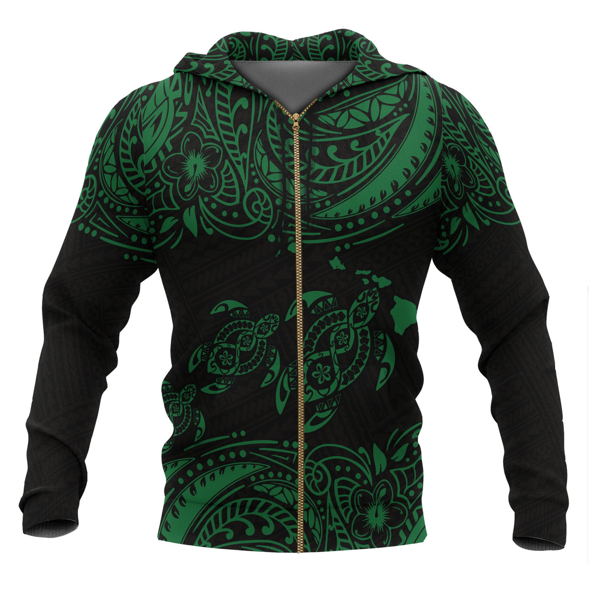 Hawaii Polynesian All Over Zip up Hoodie Green Sea Turtle Unisex Black - Green - Polynesian Pride