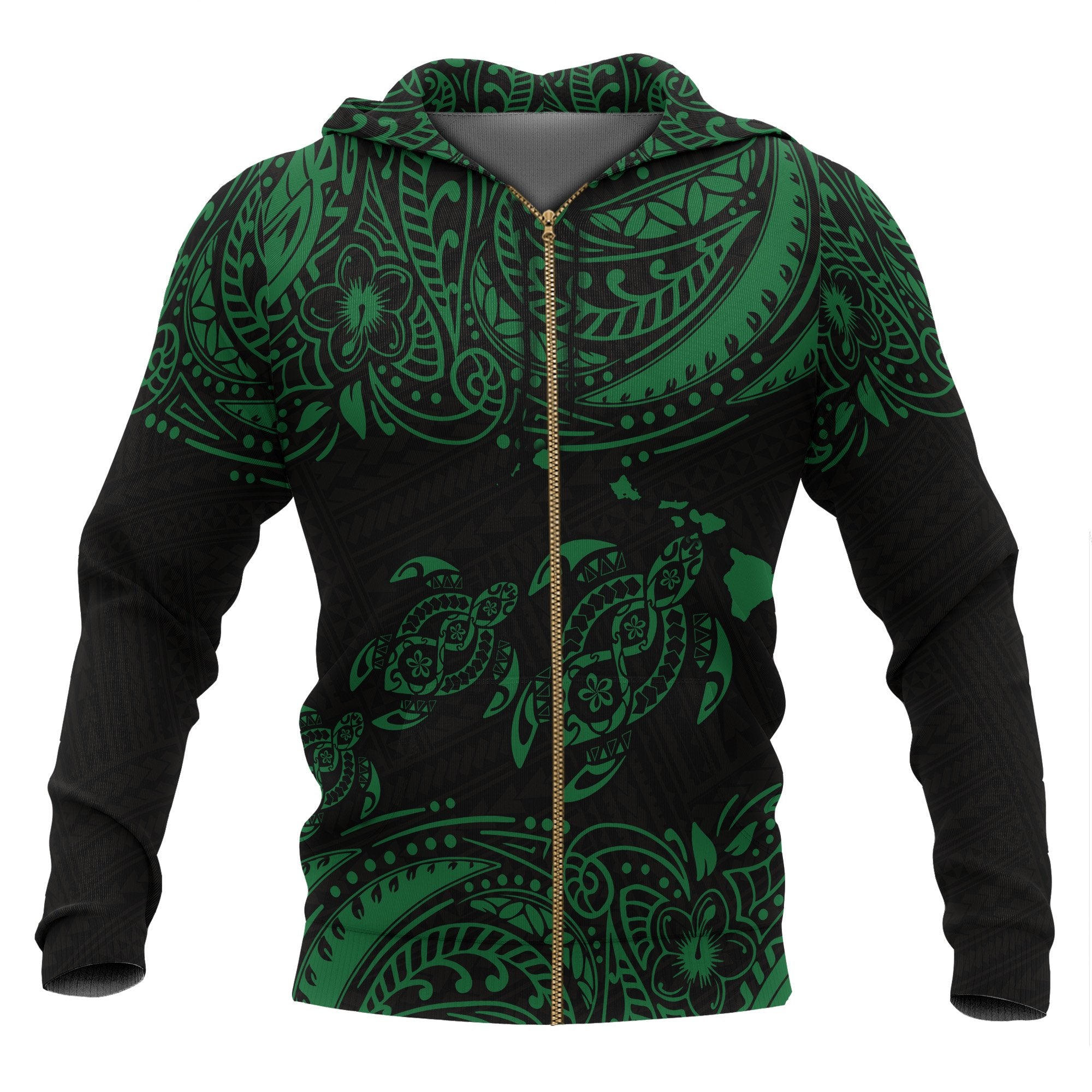 Hawaii Polynesian All Over Zip up Hoodie Green Sea Turtle Unisex Black - Green - Polynesian Pride