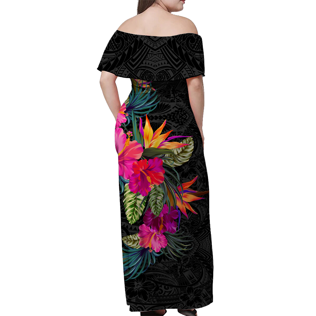 Hawaii Kanaka Maoli Hibiscus Polynesian Tribal Women Off Shoulder Long Dress - LT12 Long Dress Black - Polynesian Pride