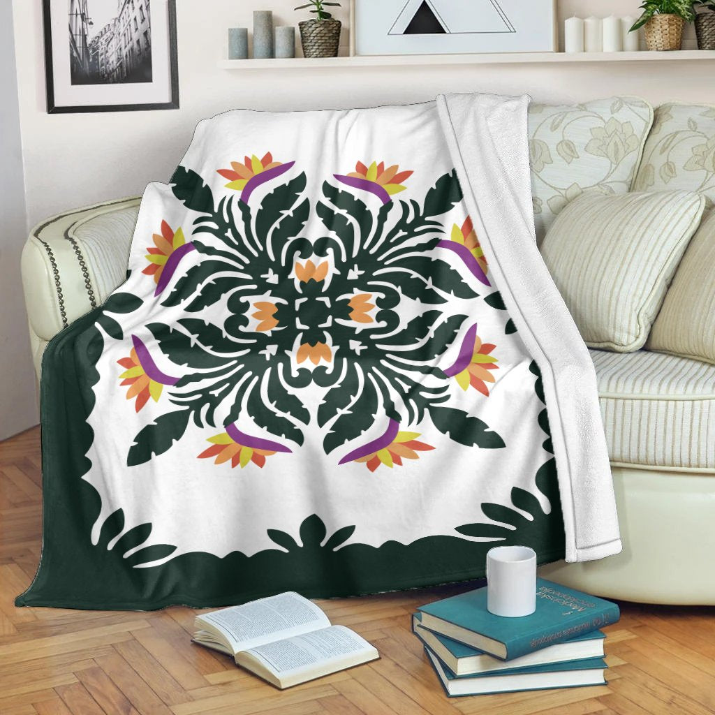 Hawaiian Quilt Paradise Flowers Premium Blanket - AH White - Polynesian Pride