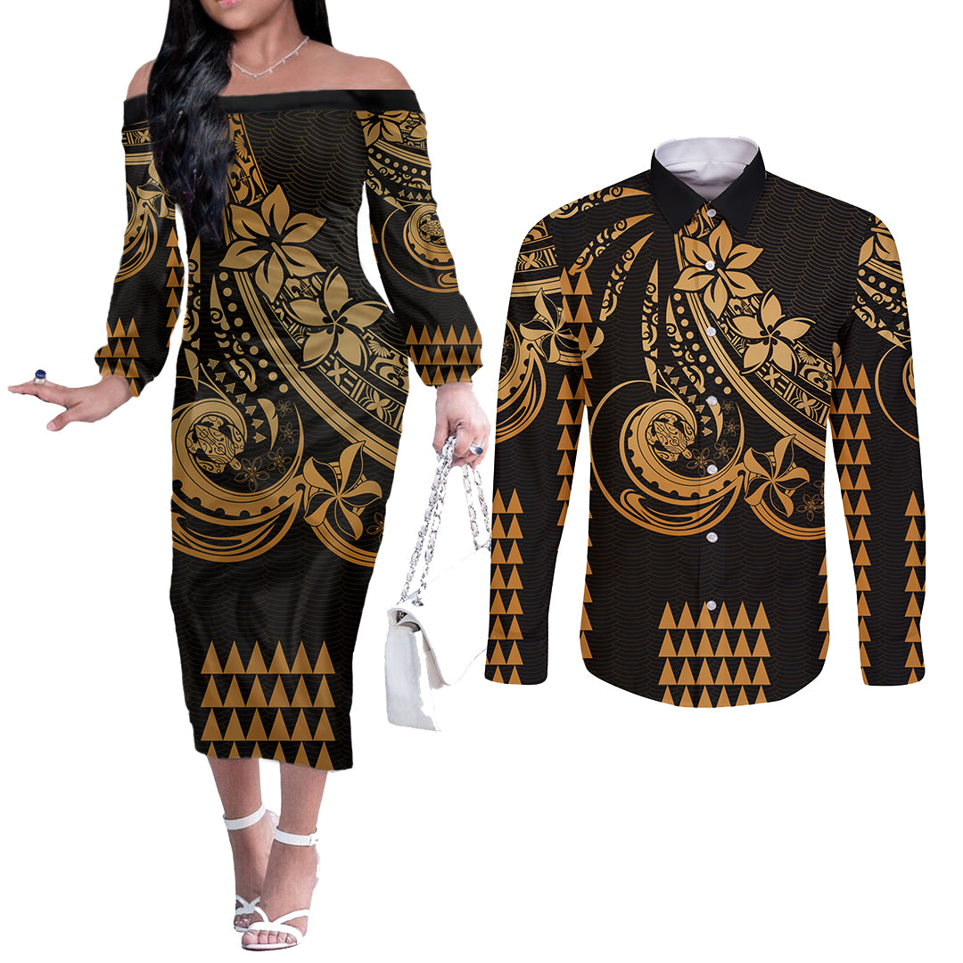 Kakau Hawaiian Polynesian Couples Matching Outfits Long Sleeve Dress And Long Sleeve Button Shirt Gold LT6 Gold - Polynesian Pride