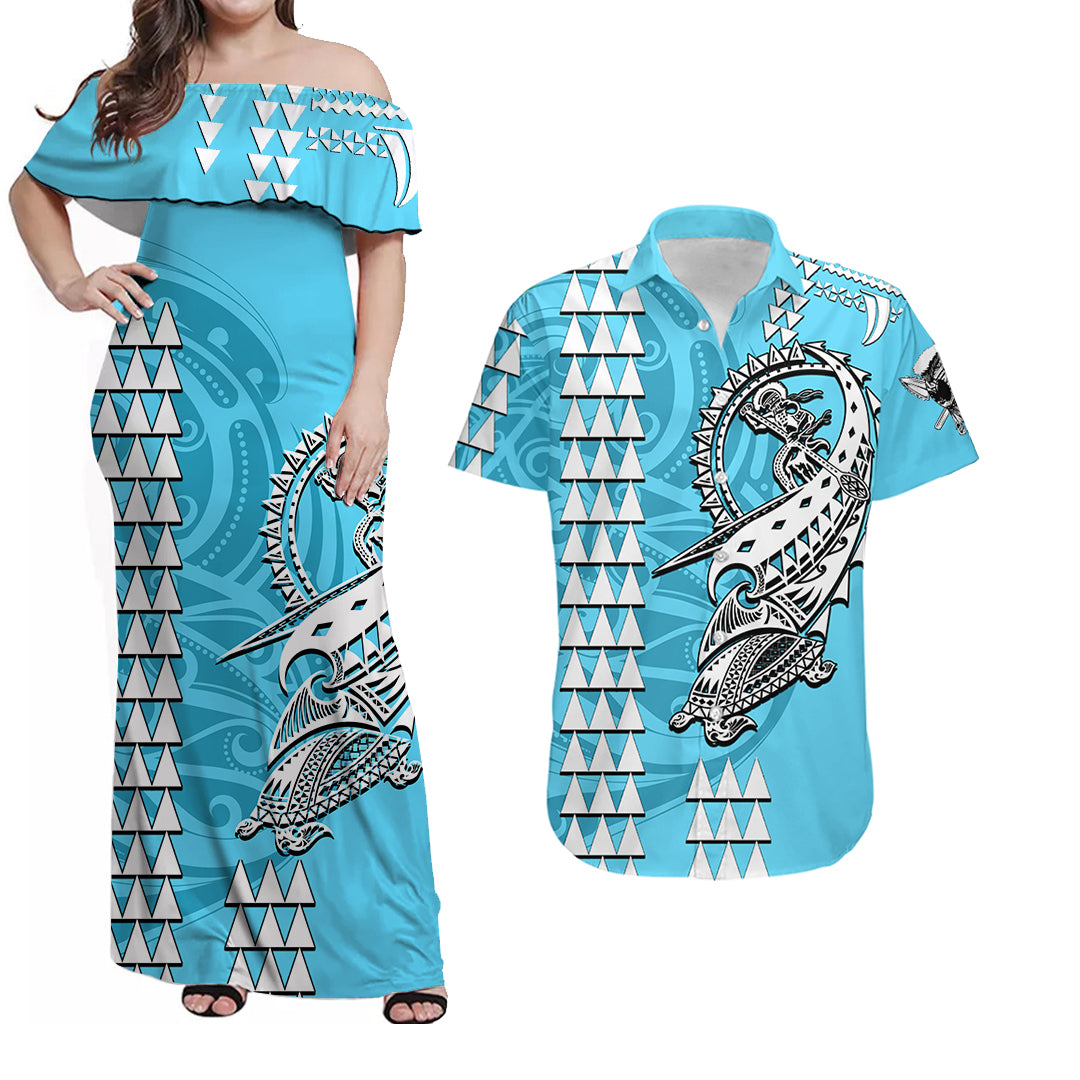 Hawaii Kakau Matching Dress and Hawaiian Shirt Polynesian Warrior Sky Blue LT6 Blue - Polynesian Pride