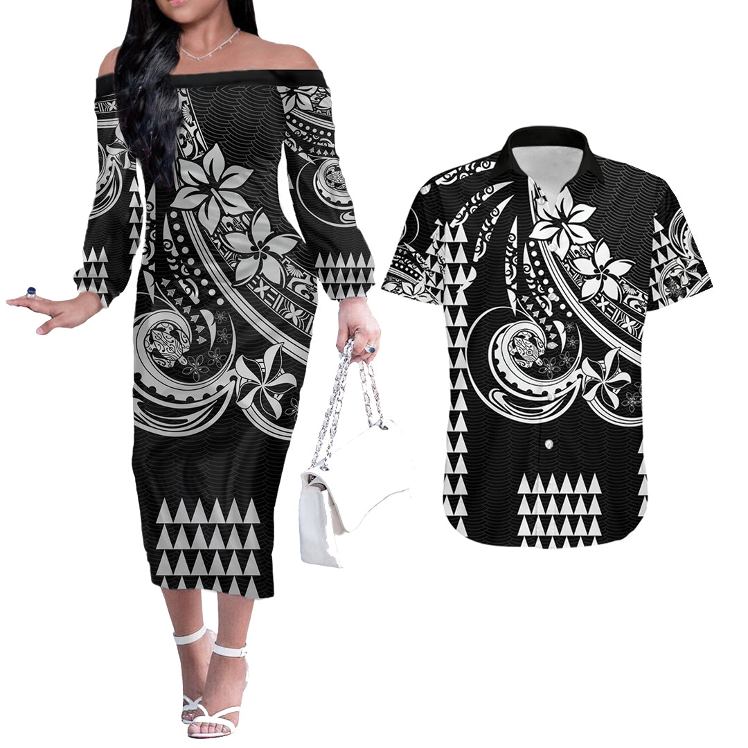 Kakau Hawaiian Polynesian Couples Matching Outfits Combo Long Sleeve Dress And Hawaiian Shirt Black LT6 Black - Polynesian Pride