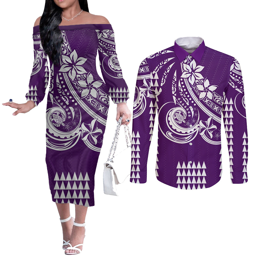 Kakau Hawaiian Polynesian Couples Matching Outfits Long Sleeve Dress And Long Sleeve Button Shirt Purple LT6 Purple - Polynesian Pride
