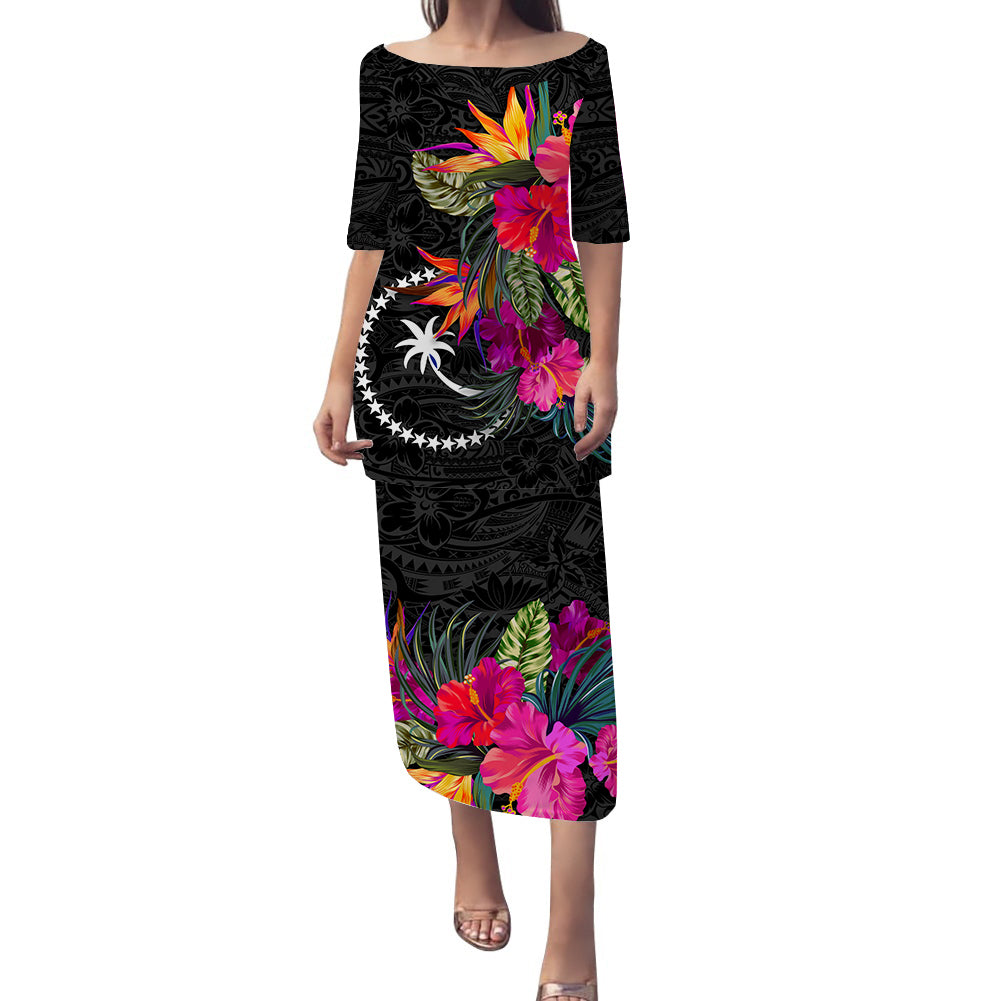 Chuuk Hibiscus Polynesian Tribal Puletasi Dress - LT12 Long Dress Black - Polynesian Pride