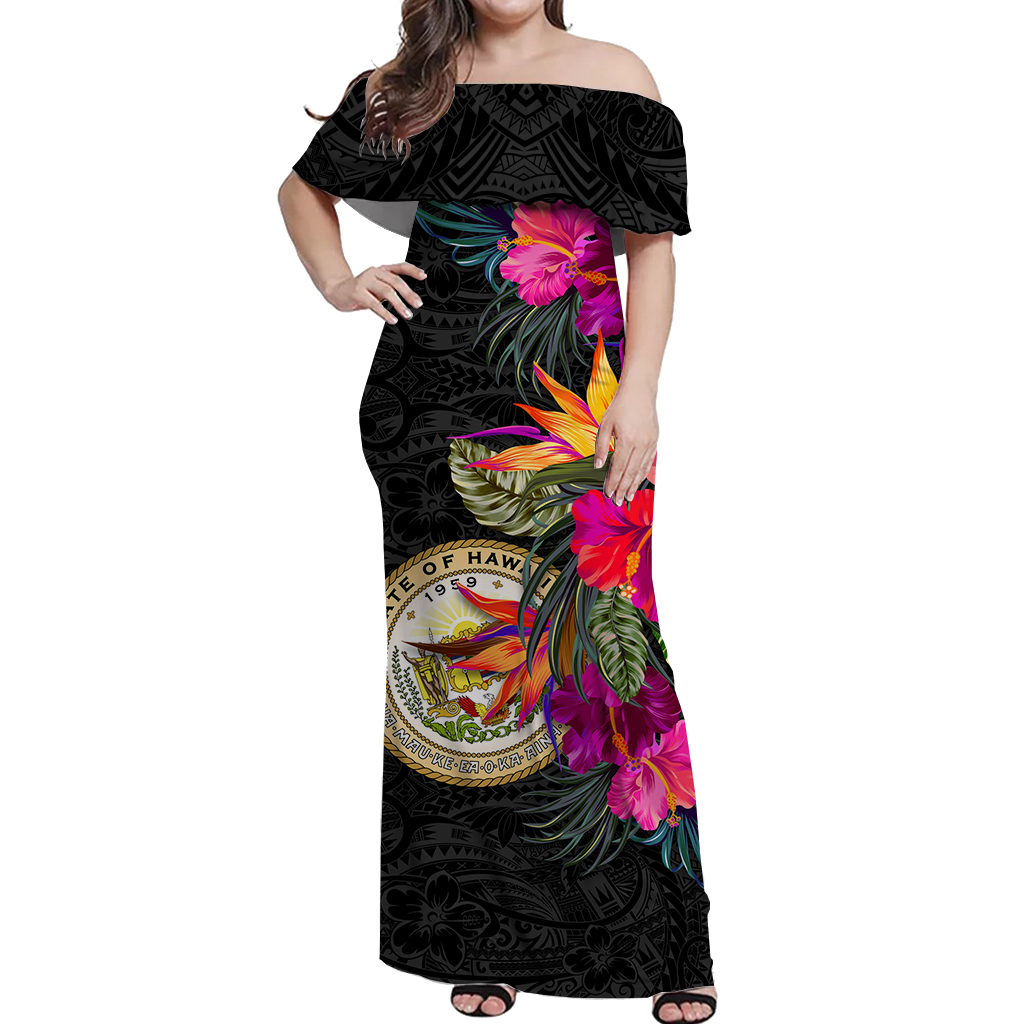 Hawaii Hibiscus Polynesian Tribal Women Off Shoulder Long Dress - LT12 Long Dress Black - Polynesian Pride