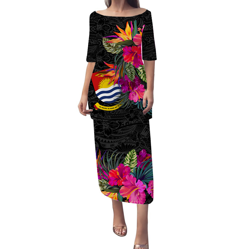 Kiribati Hibiscus Polynesian Tribal Puletasi Dress - LT12 Long Dress Black - Polynesian Pride