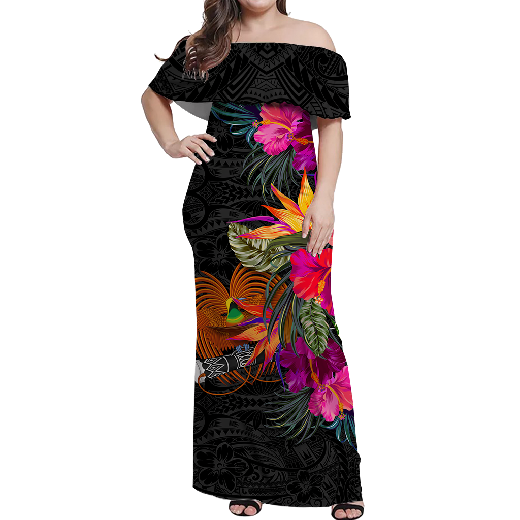 Papua New Guinea Hibiscus Polynesian Tribal Women Off Shoulder Long Dress - LT12 Long Dress Black - Polynesian Pride