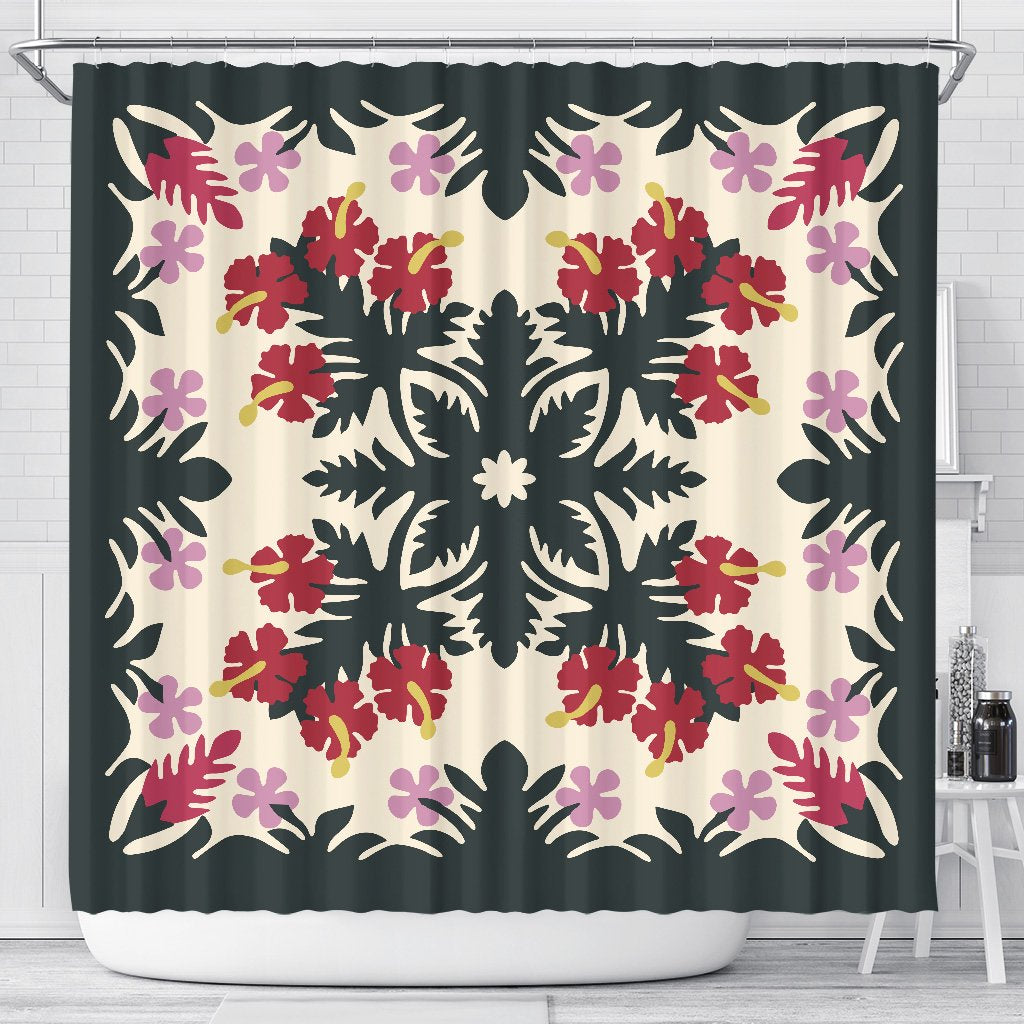 Hawaii - Ginger Hibiscus Plumeria Quilting Shower Curtain - AH 177 x 172 (cm) Green - Polynesian Pride