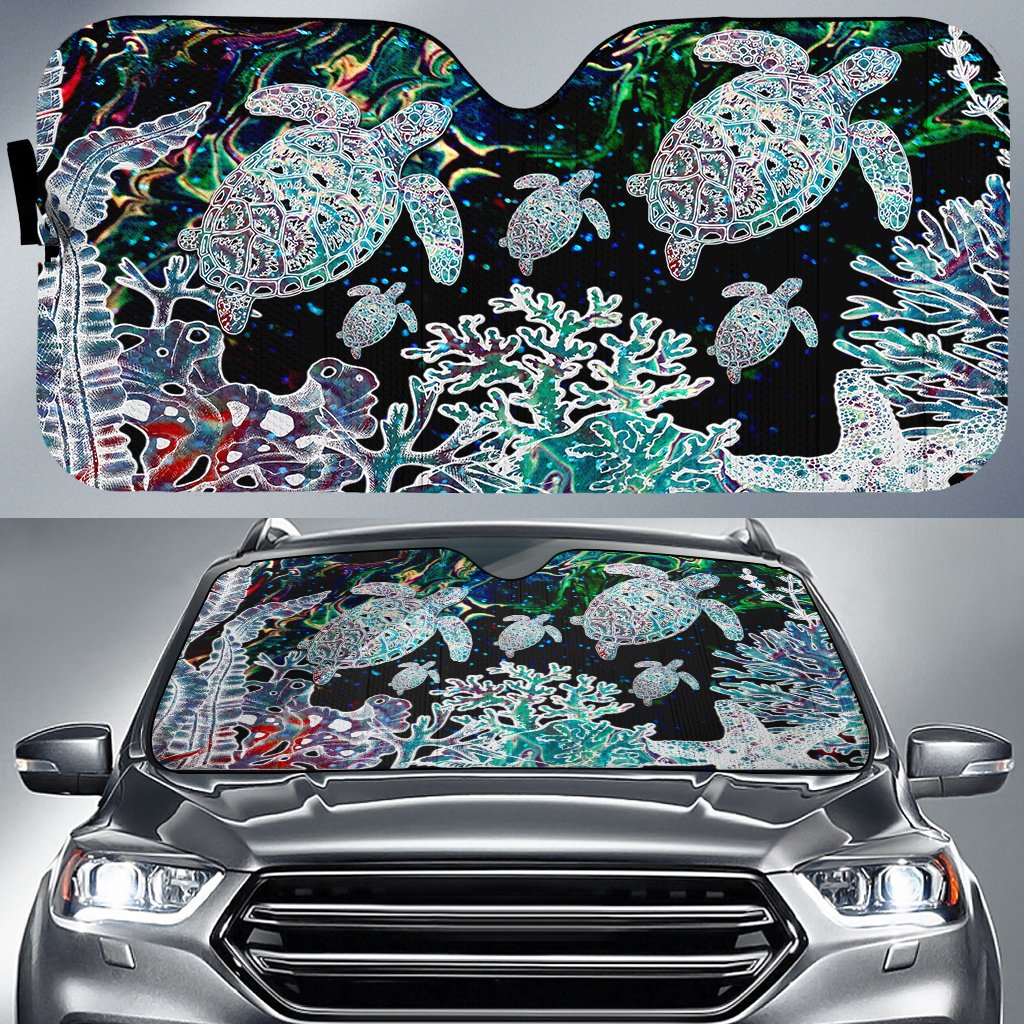 Hawaii Turtle Corals Shell Background Sun Shade - AH Auto Sun Shade Universal Fit Black - Polynesian Pride