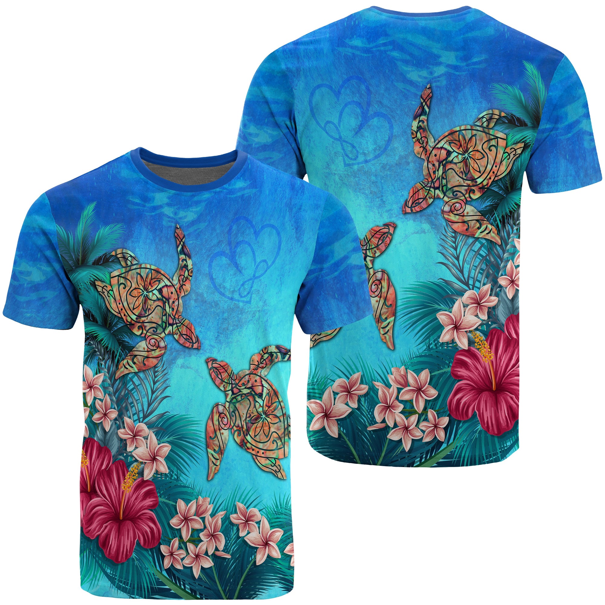 Hawaii Turtle Hibiscus Sea T Shirt Ocean of Love Unisex Blue - Polynesian Pride