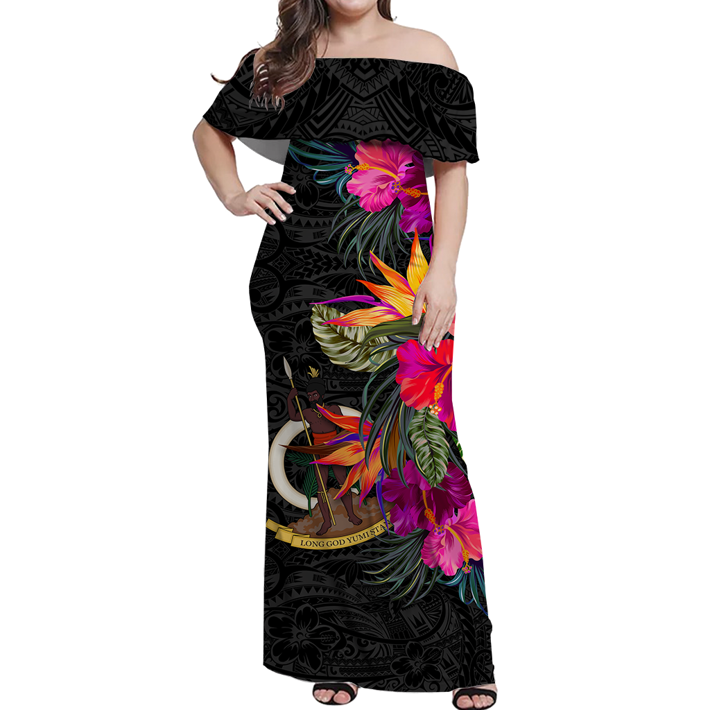 Vanuatu Hibiscus Polynesian Tribal Women Off Shoulder Long Dress - LT12 Long Dress Black - Polynesian Pride