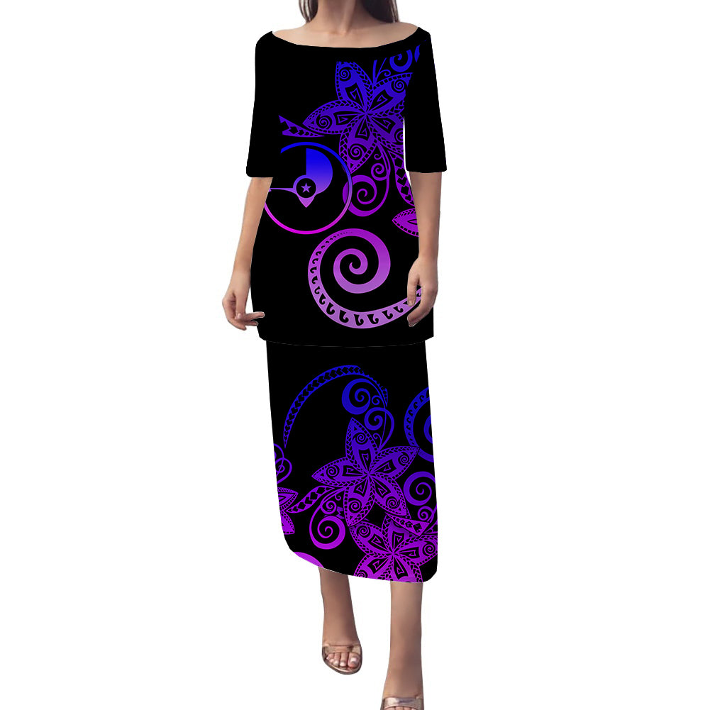 Yap Plumeria Polynesian Tribal Puletasi Dress - LT12 Long Dress Black - Polynesian Pride