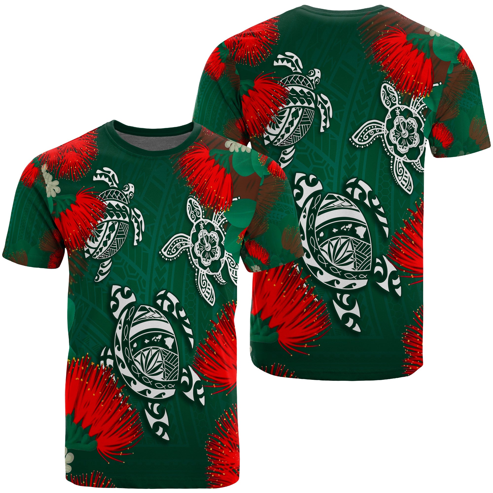 Hawaii Lehua Flowers Turtle Poly T Shirt Ser Style Unisex Green - Polynesian Pride