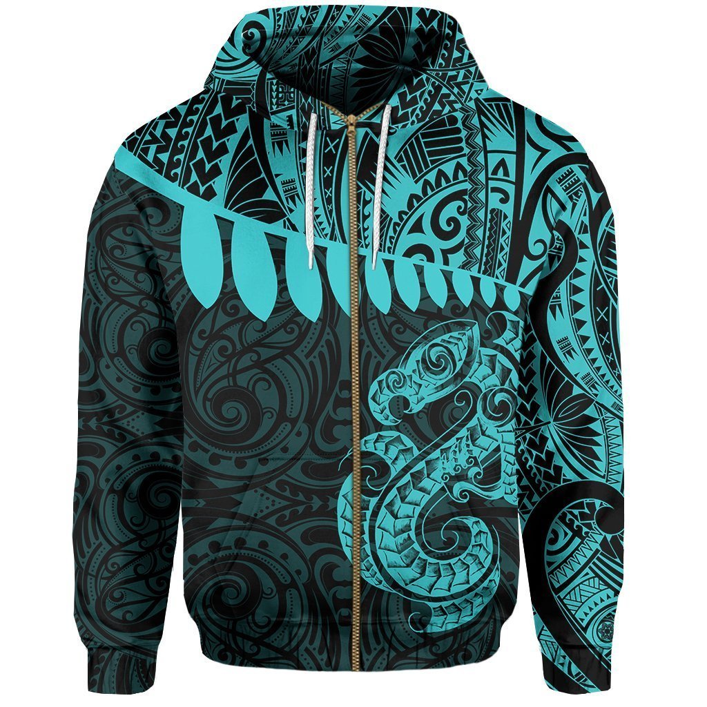 Aotearoa Zip up Hoodie, Maori Manaia Zipper Hoodie Blue Unisex Black - Polynesian Pride